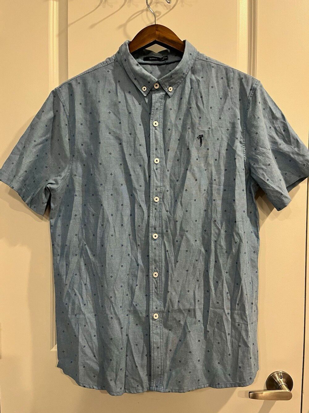 Bossini Men's 2XL Blue Geometric Woven Short Sleeve Button-Down Shirt 0061